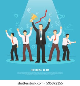 Business team success flat poster with manager holding winner prize and euro dollar profit symbols vector illustration  