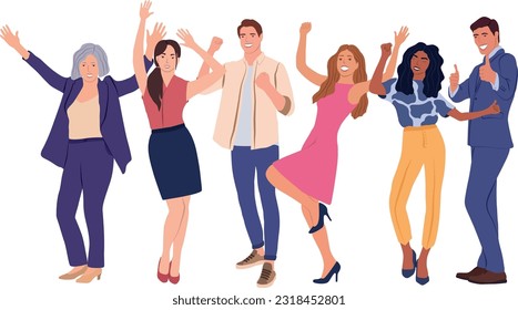 Business team success. group of people. Vector illustration of happy jumping cartoon men and women in office clothes. Isolated on white.