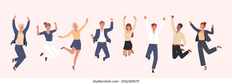 Business team success. Happy men and women in office outfits jumping with raised hands. Vector illustration in a flat style