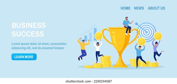 Business team success. Happy business people celebrating victory with trophy cup, prize. Achievement concept. Partnership or teamwork to win competition. Work together or cooperation