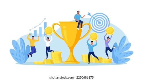 Business team success. Happy business people celebrating victory with trophy cup, prize. Achievement concept. Partnership or teamwork to win competition. Work together or cooperation