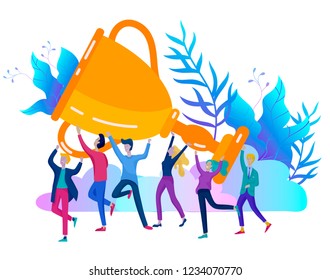 Business Team Success hold Golden winner cup, concept of people are happy with victory. Office Workers Celebrating with Big Trophy, ways goals, first place in business, financial growth. Landing page