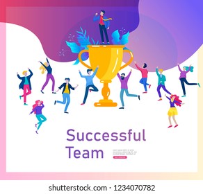 Business Team Success hold Golden winner cup, concept of people are happy with victory. Office Workers Celebrating with Big Trophy, ways goals, first place in business, financial growth. Landing page