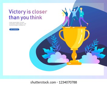 Business Team Success hold Golden winner cup, concept of people are happy with victory. Office Workers Celebrating with Big Trophy, ways goals, first place in business, financial growth. Landing page
