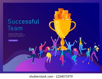 Business Team Success hold Golden winner cup, concept of people are happy with victory. Office Workers Celebrating with Big Trophy, ways goals, first place in business, financial growth. Landing page