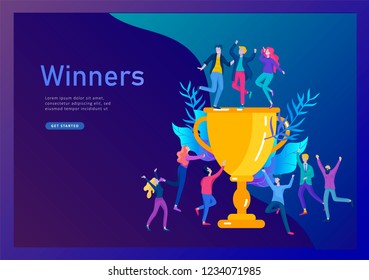 Business Team Success hold Golden winner cup, concept of people are happy with victory. Office Workers Celebrating with Big Trophy, ways goals, first place in business, financial growth. Landing page