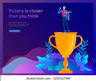 Business Team Success hold Golden winner cup, concept of people are happy with victory. Office Workers Celebrating with Big Trophy, ways goals, first place in business, financial growth. Landing page