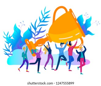 Business Team Success hold Golden winner cup, concept of people are happy with victory. Office Workers Celebrating with Big Trophy, ways goals, first place in business, financial growth. Landing page