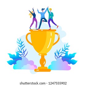 Business Team Success hold Golden winner cup, concept of people are happy with victory. Office Workers Celebrating with Big Trophy, ways goals, first place in business, financial growth. Landing page