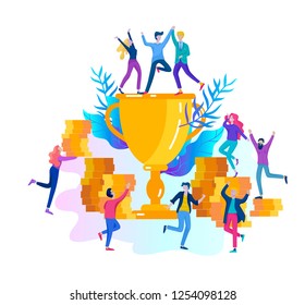 Business Team Success hold Golden winner cup, concept of people are happy with victory. Office Workers Celebrating with Big Trophy, ways goals, first place in business, financial growth. Landing page