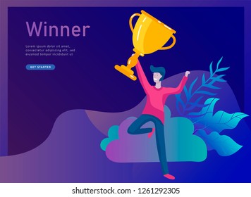 Business Team Success hold Golden winner cup, concept of people are happy with victory. Office Workers Celebrating with Big Trophy, ways goals, first place in business, financial growth. Landing page