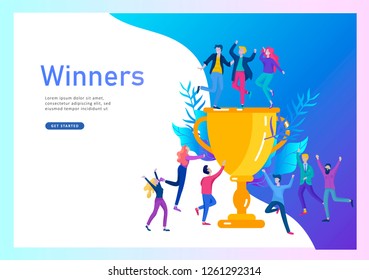 Business Team Success hold Golden winner cup, concept of people are happy with victory. Office Workers Celebrating with Big Trophy, ways goals, first place in business, financial growth. Landing page