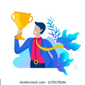 Business Team Success hold Golden winner cup, concept of people are happy with victory. Office Workers Celebrating with Big Trophy, ways goals, first place in business, financial growth. Landing page