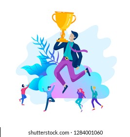 Business Team Success hold Golden winner cup, concept of people are happy with victory. Office Workers Celebrating with Big Trophy, ways goals, first place in business, financial growth. Landing page