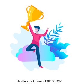 Business Team Success hold Golden winner cup, concept of people are happy with victory. Office Workers Celebrating with Big Trophy, ways goals, first place in business, financial growth. Landing page