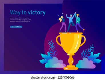 Business Team Success hold Golden winner cup, concept of people are happy with victory. Office Workers Celebrating with Big Trophy, ways goals, first place in business, financial growth. Landing page