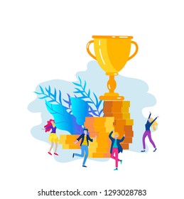 Business Team Success hold Golden winner cup, concept of people are happy with victory. Office Workers Celebrating with Big Trophy, ways goals, first place in business, financial growth. Landing page