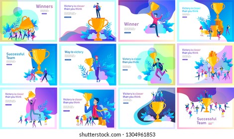 Business Team Success hold Golden winner cup, concept of people are happy with victory. Office Workers Celebrating with Big Trophy, ways goals, first place in business, financial growth. Landing page