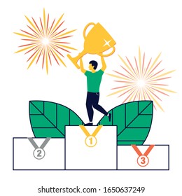 Business Team Success hold Golden winner cup. Worker celebrating with Big Trophy, ways goals, first place in business, financial growth.  Winner business and achievement concept. Business success.