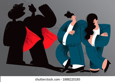 Business team, success, leadership concept. Young woman and man business partners standing feeling powerful in team with Hero shaped shadows on wall vector illustration 