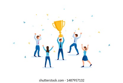 Business team success with man holding golden trophy cup and people jumping around in flat icon design on white color background