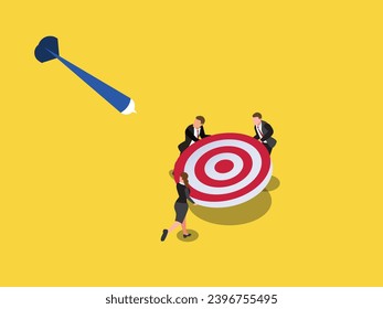 Business team Success or teamwork helping to achieve target isometric 3d vector concept