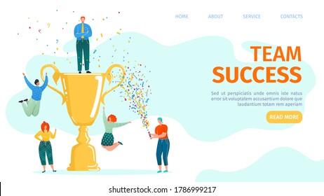 Business team success, team-work leadership qualities in creative team landing webpage template, vector illustration. Little people holding a large win cup, happy for the victory, achivement.