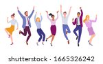 Business team success. Vector illustration of happy, jumping cartoon men and women in office outfits. Isolated on white