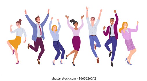 Business team success. Vector illustration of happy, jumping cartoon men and women in office outfits. Isolated on white