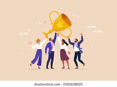 Business Team Success. Vector illustration in flat style of a diverse group of people in business suits in full growth with a large golden cup in their raised up hands. Isolated on background.