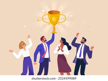 Business Team Success. Vector illustration in a flat style of a close-up group of happy diverse people in business suits with a golden cup in the manager's raised hand. Isolated on background.