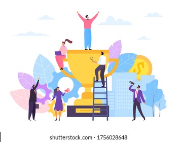 Business team success with winner prize, vector illustration. Worker group champion, teamwork goal achievement. Man woman people character near large trophy, leader person on cup award top.