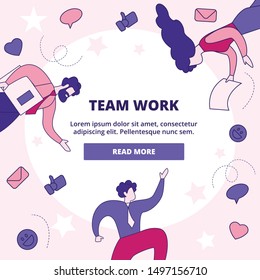 Business Team Successful Work Flat Vector Web Banner or Landing Page Template with Female and Male Businesspeople Characters Working Together, Communicating in Office, Messaging Online Illustration