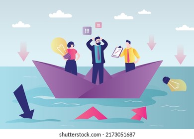 Business team suffered unsuccessful startup launch. Stupid leader made mistake. Entrepreneurs experience financial problems. Frustrated businesspeople on paper boat. Bankruptcy. Vector illustration