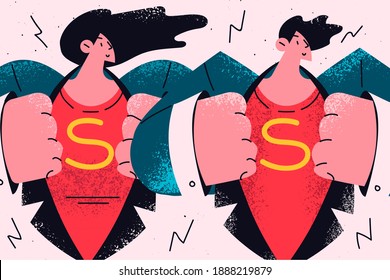 Business team, superhero, success concept. Young woman and man business partners standing and showing superhero symbol on chests feeling powerful in team vector illustration 