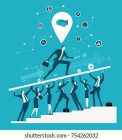 Business team support the base for the leader, who is climbing towards the agreement. Working together, support and delivery concept. 