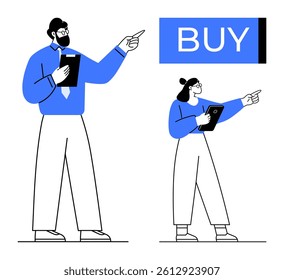 Business team with tablets pointing at large BUY button. Ideal for ecommerce, digital marketing, online sales, product promotion, web design, user engagement, business strategy. Line metaphor