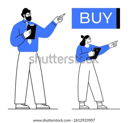 Business team with tablets pointing at large BUY button. Ideal for ecommerce, digital marketing, online sales, product promotion, web design, user engagement, business strategy. Line metaphor