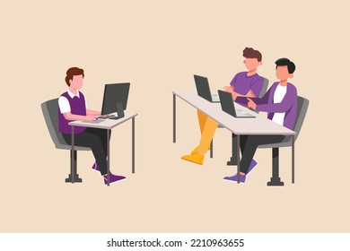 Business team talking to each other with laptop in the office. Coworking concept. Flat vector illustrations isolated. 