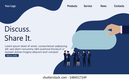 Business team talking outdoor blue bubble chat. Business Landing Page Template.