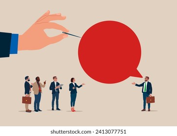 The business team talks a lot about nothing. Popping speech bubble. Business communication breakdown. Big hand with pin popping speech bubble. Flat vector illustration