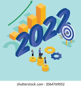 Business team target in 2022 3d isometric vector illustration concept for banner, website, landing page, ads, flyer template