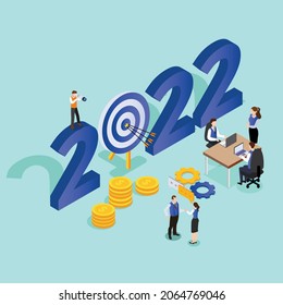 Business team target in year 2022 3d isometric vector illustration concept for banner, website, landing page, ads, flyer template