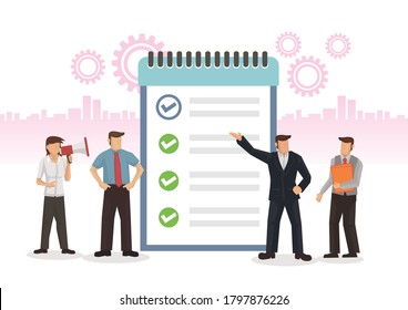 Business team with a task list board. Concept of planning, task agenda, schedule, teamwork and startup. Flat cartoon character vector illustration isolated against a white background.