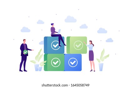 Business team task management concept. Vector flat people illustration. Businessman in suit and females with laptop and piece of puzzle. Check mark sign. Design element for banner, poster, background.