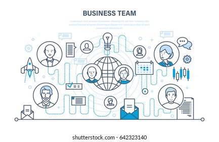 Business team, teamwork collaboration, communication and exchange of important information, dialogues, discussions. Start-up concept. Illustration thin line design of vector doodles