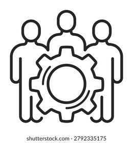 Business team teamwork concept icon featuring people silhouettes with central cogwheel gear symbol teamwork business