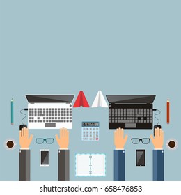 Business team and teamwork concept.  Meeting of business project people partnership. Top view. Vector illustration.