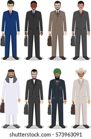 Equipo de negocios y concepto de trabajo en equipo. Conjunto de diferentes ilustraciones detalladas de hombres de negocios en estilo plano sobre fondo blanco. Diferentes nacionalidades y estilos de vestir. Ilustración vectorial.
