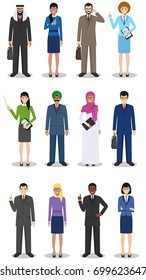 Business team and teamwork concept. Set of detailed illustration of businessmen and businesswomen standing in different positions in flat style. Diverse nationalities and dress styles. Vector.